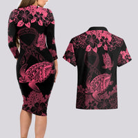 personalised-polynesian-turtle-ribbon-couples-matching-long-sleeve-bodycon-dress-and-hawaiian-shirt-think-pink-breast-cancer-with-pacific-hibiscus