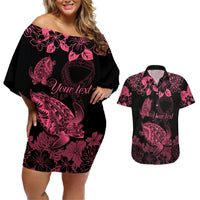 Personalised Polynesian Turtle Ribbon Couples Matching Off Shoulder Short Dress and Hawaiian Shirt Think Pink Breast Cancer With Pacific Hibiscus LT9 Pink - Polynesian Pride