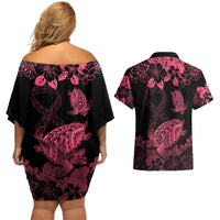 Personalised Polynesian Turtle Ribbon Couples Matching Off Shoulder Short Dress and Hawaiian Shirt Think Pink Breast Cancer With Pacific Hibiscus LT9 - Polynesian Pride