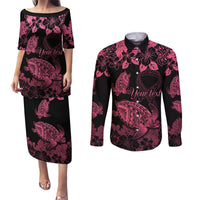 Personalised Polynesian Turtle Ribbon Couples Matching Puletasi Dress and Long Sleeve Button Shirts Think Pink Breast Cancer With Pacific Hibiscus LT9 Pink - Polynesian Pride