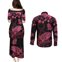 Personalised Polynesian Turtle Ribbon Couples Matching Puletasi Dress and Long Sleeve Button Shirts Think Pink Breast Cancer With Pacific Hibiscus LT9 - Polynesian Pride
