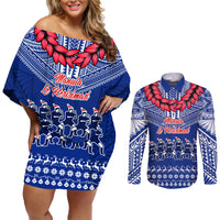 Toa Samoa Christmas Couples Matching Off Shoulder Short Dress and Long Sleeve Button Shirt Samoa Siva Tau Manuia Le Kerisimasi Blue Vibe LT9 Blue - Polynesian Pride