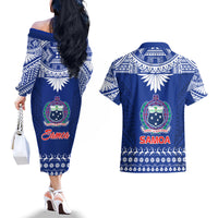Toa Samoa Christmas Couples Matching Off The Shoulder Long Sleeve Dress and Hawaiian Shirt Samoa Siva Tau Manuia Le Kerisimasi Blue Vibe LT9 - Polynesian Pride