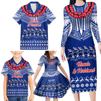 Personalised Toa Samoa Christmas Family Matching Long Sleeve Bodycon Dress and Hawaiian Shirt Samoa Siva Tau Manuia Le Kerisimasi Blue Vibe LT9 - Polynesian Pride