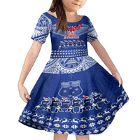 Personalised Toa Samoa Christmas Family Matching Off Shoulder Long Sleeve Dress and Hawaiian Shirt Samoa Siva Tau Manuia Le Kerisimasi Blue Vibe LT9 Daughter's Dress Blue - Polynesian Pride