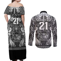 Custom New Zealand Taiaha Maori Couples Matching Off Shoulder Maxi Dress and Long Sleeve Button Shirt Kiwikiwi Minimalist Silver Fern Tukutuku Motif LT9 - Polynesian Pride