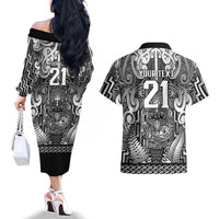 Custom New Zealand Taiaha Maori Couples Matching Off The Shoulder Long Sleeve Dress and Hawaiian Shirt Kiwikiwi Minimalist Silver Fern Tukutuku Motif LT9 - Polynesian Pride