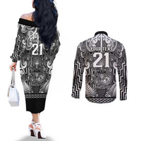 Custom New Zealand Taiaha Maori Couples Matching Off The Shoulder Long Sleeve Dress and Long Sleeve Button Shirt Kiwikiwi Minimalist Silver Fern Tukutuku Motif LT9 - Polynesian Pride
