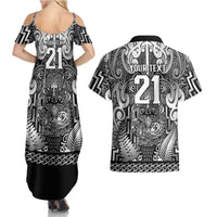 Custom New Zealand Taiaha Maori Couples Matching Summer Maxi Dress and Hawaiian Shirt Kiwikiwi Minimalist Silver Fern Tukutuku Motif LT9 - Polynesian Pride