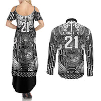 Custom New Zealand Taiaha Maori Couples Matching Summer Maxi Dress and Long Sleeve Button Shirt Kiwikiwi Minimalist Silver Fern Tukutuku Motif LT9 - Polynesian Pride