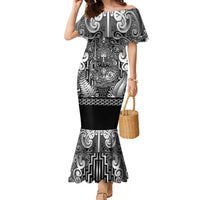Custom New Zealand Taiaha Maori Family Matching Mermaid Dress and Hawaiian Shirt Kiwikiwi Minimalist Silver Fern Tukutuku Motif LT9 Mom's Dress White - Polynesian Pride