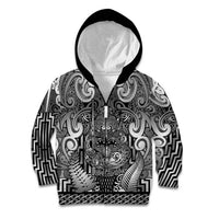 Custom New Zealand Taiaha Maori Kid Hoodie Kiwikiwi Minimalist Silver Fern Tukutuku Motif LT9 Zip Hoodie White - Polynesian Pride