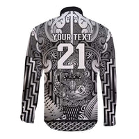 Custom New Zealand Taiaha Maori Long Sleeve Button Shirt Kiwikiwi Minimalist Silver Fern Tukutuku Motif LT9 - Polynesian Pride