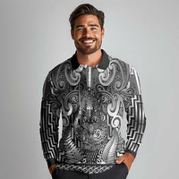 Custom New Zealand Taiaha Maori Long Sleeve Polo Shirt Kiwikiwi Minimalist Silver Fern Tukutuku Motif LT9 - Polynesian Pride