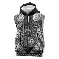 Custom New Zealand Taiaha Maori Sleeveless Zip Hoodie Kiwikiwi Minimalist Silver Fern Tukutuku Motif LT9 White - Polynesian Pride