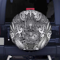 New Zealand Taiaha Maori Spare Tire Cover Kiwikiwi Minimalist Silver Fern Tukutuku Motif LT9 No hole White - Polynesian Pride