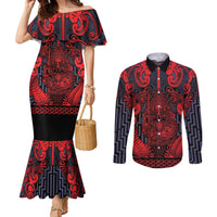 Custom New Zealand Taiaha Maori Couples Matching Mermaid Dress and Long Sleeve Button Shirt Whero Minimalist Silver Fern Tukutuku Motif LT9 Red - Polynesian Pride