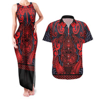 Custom New Zealand Taiaha Maori Couples Matching Tank Maxi Dress and Hawaiian Shirt Whero Minimalist Silver Fern Tukutuku Motif LT9 Red - Polynesian Pride