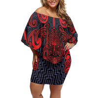 Custom New Zealand Taiaha Maori Family Matching Off Shoulder Short Dress and Hawaiian Shirt Whero Minimalist Silver Fern Tukutuku Motif LT9 Mom's Dress Red - Polynesian Pride