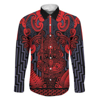 Custom New Zealand Taiaha Maori Family Matching Puletasi and Hawaiian Shirt Whero Minimalist Silver Fern Tukutuku Motif LT9 Dad's Shirt - Long Sleeve Red - Polynesian Pride