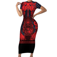 Custom New Zealand Taiaha Maori Family Matching Short Sleeve Bodycon Dress and Hawaiian Shirt Whero Minimalist Silver Fern Tukutuku Motif LT9 Mom's Dress Red - Polynesian Pride