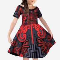Custom New Zealand Taiaha Maori Kid Short Sleeve Dress Whero Minimalist Silver Fern Tukutuku Motif LT9 KID Red - Polynesian Pride