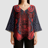 Custom New Zealand Taiaha Maori Kimono Sleeve Blouse Whero Minimalist Silver Fern Tukutuku Motif LT9 - Polynesian Pride