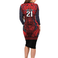 Custom New Zealand Taiaha Maori Long Sleeve Bodycon Dress Whero Minimalist Silver Fern Tukutuku Motif LT9 - Polynesian Pride