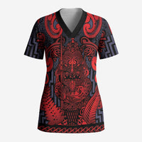 Custom New Zealand Taiaha Maori Scrub Top Whero Minimalist Silver Fern Tukutuku Motif LT9 Adult Red - Polynesian Pride