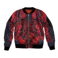 Custom New Zealand Taiaha Maori Sleeve Zip Bomber Jacket Whero Minimalist Silver Fern Tukutuku Motif LT9 Unisex Red - Polynesian Pride