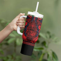 Custom New Zealand Taiaha Maori Tumbler With Handle Whero Minimalist Silver Fern Tukutuku Motif LT9 - Polynesian Pride