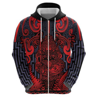Custom New Zealand Taiaha Maori Zip Hoodie Whero Minimalist Silver Fern Tukutuku Motif LT9 - Polynesian Pride