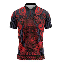 Custom New Zealand Taiaha Maori Zipper Polo Shirt Whero Minimalist Silver Fern Tukutuku Motif LT9 Red - Polynesian Pride
