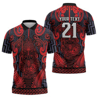 Custom New Zealand Taiaha Maori Zipper Polo Shirt Whero Minimalist Silver Fern Tukutuku Motif LT9 - Polynesian Pride