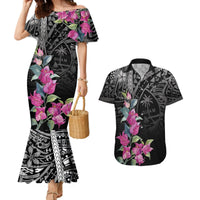 Guahan Puti Tai Nobiu Couples Matching Mermaid Dress and Hawaiian Shirt Guam Bougainvillea Flower Art LT9 Black - Polynesian Pride