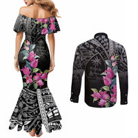 Guahan Puti Tai Nobiu Couples Matching Mermaid Dress and Long Sleeve Button Shirt Guam Bougainvillea Flower Art