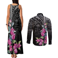 Guahan Puti Tai Nobiu Couples Matching Tank Maxi Dress and Long Sleeve Button Shirt Guam Bougainvillea Flower Art