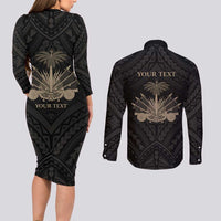 Personalized Haiti First Black Republic Couples Matching Long Sleeve Bodycon Dress and Long Sleeve Button Shirt Negre Marron With Map And Flag
