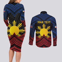 Personalized Philippines Couples Matching Long Sleeve Bodycon Dress and Long Sleeve Button Shirt Polynesian Tribal Tattoo with Filipino Flag Motif LT9 - Polynesian Pride