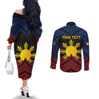 Personalized Philippines Couples Matching Off The Shoulder Long Sleeve Dress and Long Sleeve Button Shirt Polynesian Tribal Tattoo with Filipino Flag Motif