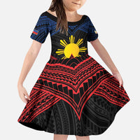 Personalized Philippines Family Matching Puletasi and Hawaiian Shirt Polynesian Tribal Tattoo with Filipino Flag Motif LT9 Daughter's Dress Black - Polynesian Pride