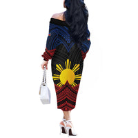 Personalized Philippines Off The Shoulder Long Sleeve Dress Polynesian Tribal Tattoo with Filipino Flag Motif