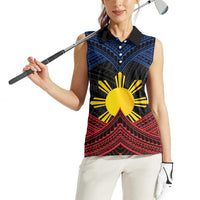 Personalized Philippines Women Sleeveless Polo Shirt Polynesian Tribal Tattoo with Filipino Flag Motif