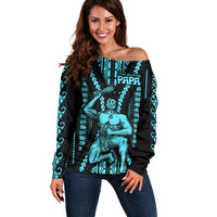 Aotearoa Father's Day Gift For Dad Off Shoulder Sweater Aroha Ahau Ki A Koe Papa - Aqua Maori Style Pattern LT9 Women Aqua - Polynesian Pride