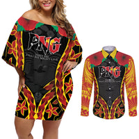 Personalised Papua New Guinea Remembrance Day Couples Matching Off Shoulder Short Dress and Long Sleeve Button Shirt