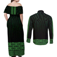 New Zealand Maori Kowhaiwhai Couples Matching Off Shoulder Maxi Dress and Long Sleeve Button Shirt Kakariki Maui and Mangopare LT9 - Polynesian Pride