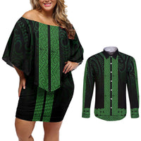 New Zealand Maori Kowhaiwhai Couples Matching Off Shoulder Short Dress and Long Sleeve Button Shirt Kakariki Maui and Mangopare LT9 Green - Polynesian Pride