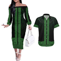 New Zealand Maori Kowhaiwhai Couples Matching Off The Shoulder Long Sleeve Dress and Hawaiian Shirt Kakariki Maui and Mangopare