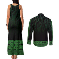 New Zealand Maori Kowhaiwhai Couples Matching Tank Maxi Dress and Long Sleeve Button Shirt Kakariki Maui and Mangopare LT9 - Polynesian Pride