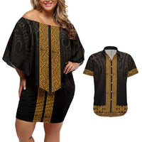 New Zealand Maori Kowhaiwhai Couples Matching Off Shoulder Short Dress and Hawaiian Shirt Karaka Maui and Mangopare LT9 Gold - Polynesian Pride